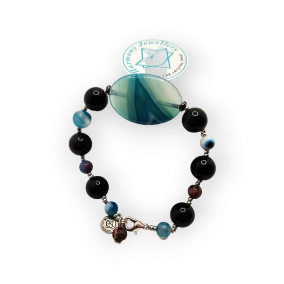 Blue Lace Agate, Black Agate harmony charm bracelet - Picture 2 of 4